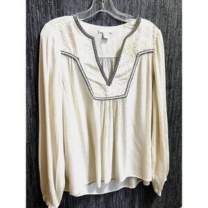 H & M Peasant Boho Ivory Blouse Shirt Top Size 8 Gathered Loose Fit Long Slvs.